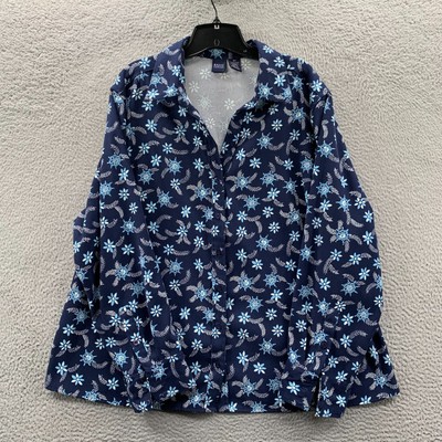 BASIC EDITIONS Shirt Womens 2X Button Up Blouse Top Floral Long Sleeve Blue