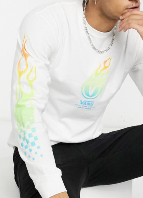 Vans Glow Flame Men's Long Sleeve T-Shirt Tee White Mens size XXL