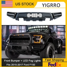 Front Bumper For 2015-2017 Ford F150 F-150 Raptor Style W/LED Lights Black Steel