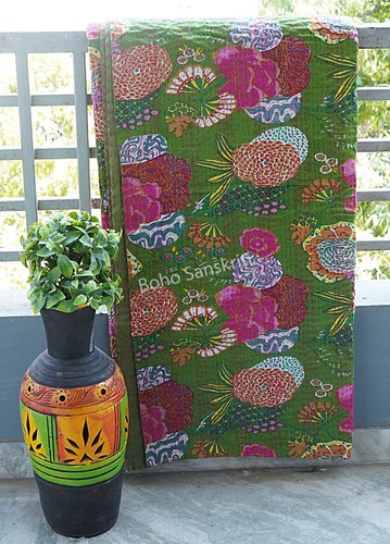 Indian hand stitched cotton floral fruit print kantha quilt gudari throw - Picture 21 of 50