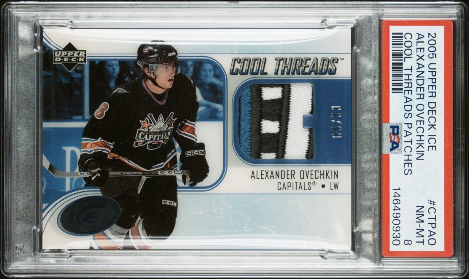 2005 UPPER DECK ICE ALEXANDER OVECHKIN (RC) COOL THREADS PATCHES 05/50 PSA 8 view 1