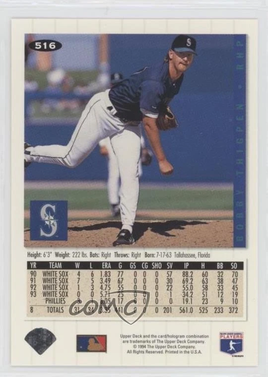 1994 Upper Deck Collector's Choice Bobby Thigpen #516 - Image 2 of 2