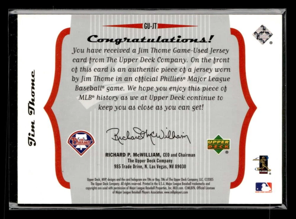 2005 Upper Deck MVP Jim Thome Game Used Jersey Relic #GU-JT Phillies UX1862 - Image 2 of 2