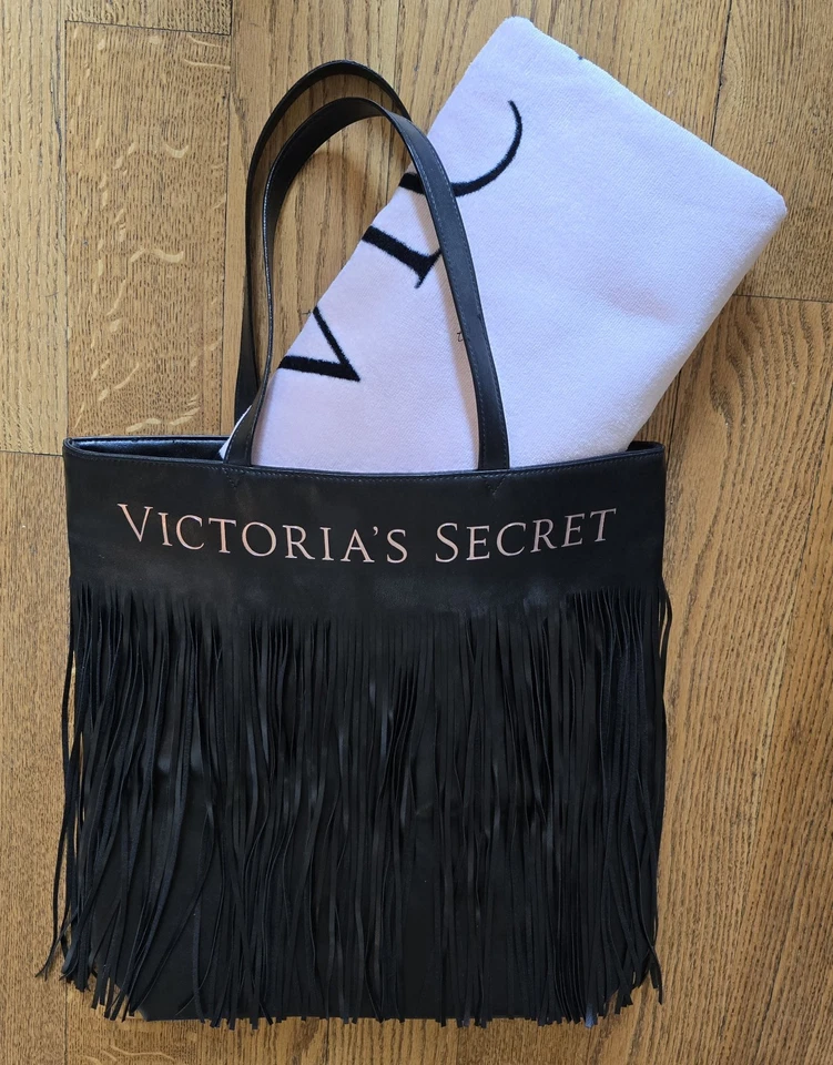 NWOT Victoria's Secret Fringe Bag Tote & Beach Bath Towel Black & Pink  Logo Set - Image 3 of 4