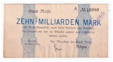 Neisse,  Stadt 10 Mrd Mark  Okt. 1923  Serie A,  ZEILENSTEMPEL KÄMEREIKASSE