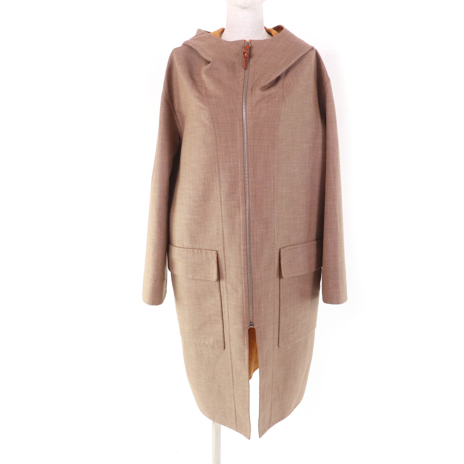 Excellent HERMES coat Double Face Zip Up Hooded Coat Brown cashmere Women 38...