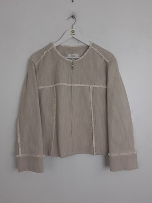 M&S Women's Jacket Size 14 Ecru Cotton Frayed Fringe Trim Round Neck Zip Up New