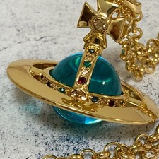 20mm Blue Orb Saturn Necklace - Gold Chain with Crystal Cross Accent, F/S