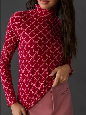 Cecilia Pettersson for Anthropologie Printed Turtleneck Size M Red Pink Birds