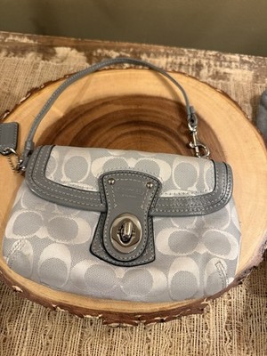 Coach Y2K Rare Grey Signature Fabric Leather Turnlock Mini Bag Wristlet