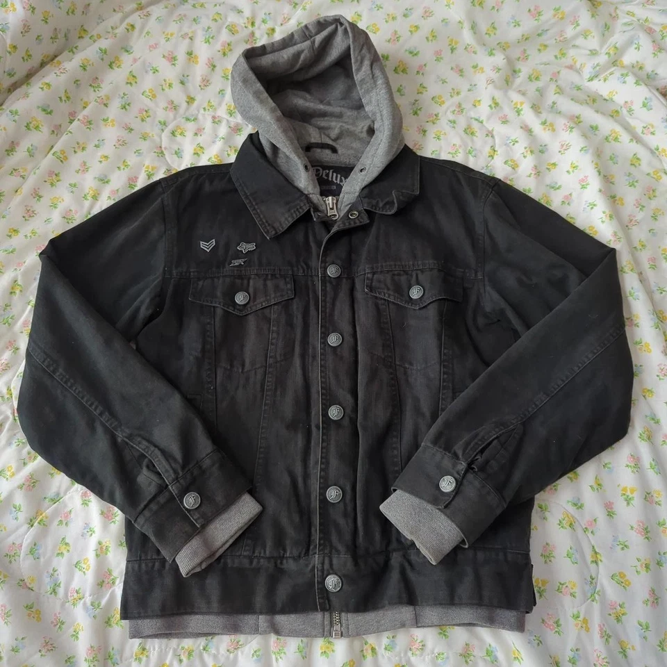Abrigo Denim Negro Forrado con Capucha y Adornos de Fox Racing, Hombre S Foto 2 de 4