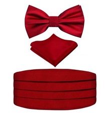 Mens Prom Bow Tie, Handkerchief and Cummerbund Set Solid Wine Red 