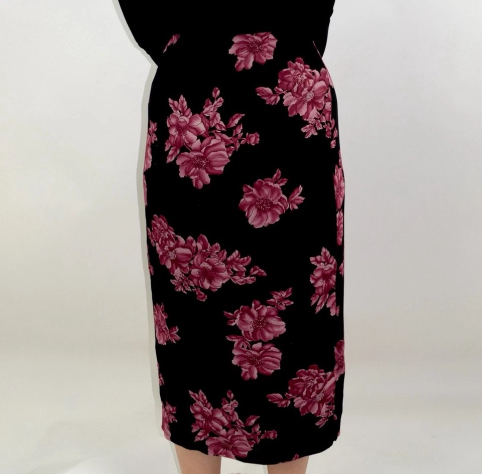 Falda midi envolvente floral vintage Geoffrey Beene talla 10 negra rosa rosa para mujer Foto 4 de 4
