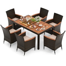 7 Pieces Outdoor Wicker Dining Set with 6 Stackable Chairs Acacia Wood Table