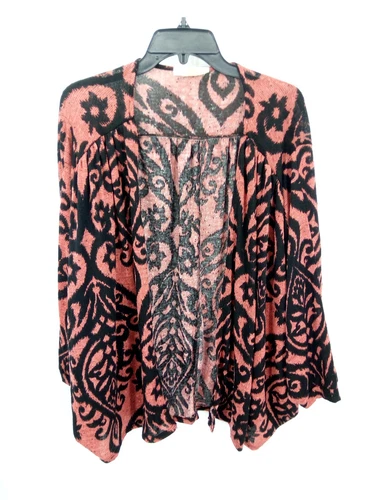 Painted Threads Kimono Kaftan Top Womens Large Black Maroon Boho Print Open
