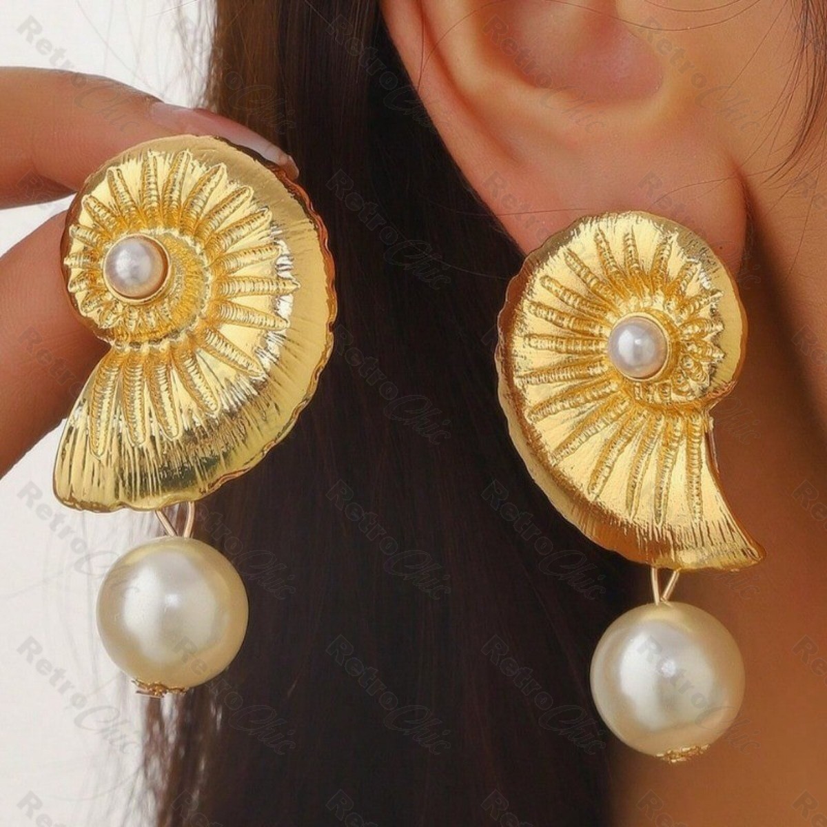 Zara Dup Retro BIG SHELL EARRINGS large GOLD FINISH pearl drop SEA SHELL  texture