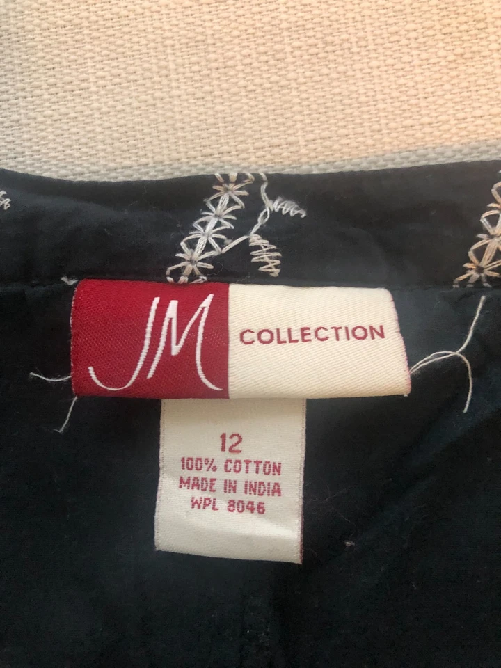 JM Collection 100% 棉黑色裙子白色刺绣花朵 12 码拼布 — 第 4/4 张图片