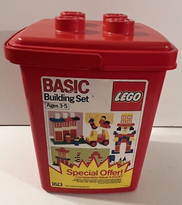 Vintage 1987 LEGO Basic Block Bucket Set #1613 Red Bucket