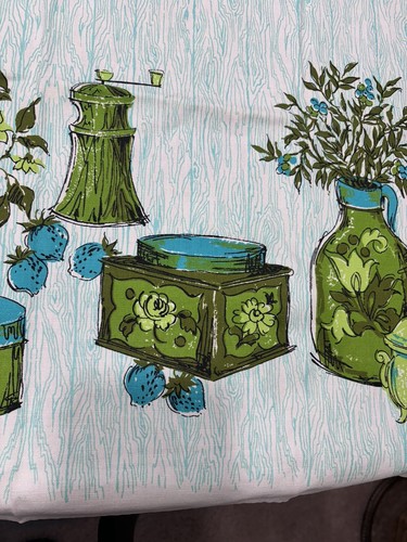 Vintage Mid Century Tablecloth Kitchen Theme Avocado Green Turquoise 50x50 - Picture 3 of 5