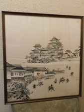 LARGE JAPANESE SAMURAI PEOPLE TEMPLE ORIGINAL SILK TAPESTRY PAINTING UNSIGNED