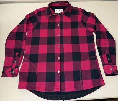 Orvis Shacket Woman's Medium pink and black Plaid Snap Button Outdoor Flannel
