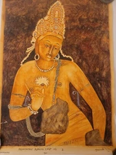 Vintage Gouache Padmapani Ajanta Cave Painting India Buddha Buddhist Signed Art
