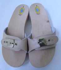 Vintage Original Dr. Scholl's Wood Sole Slides Sandals 6 Tan Leather Italy