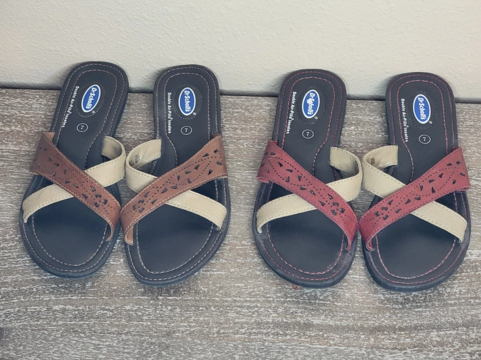 Sandalias Dr. SCHOLL"S Para Mujer Talla 7 Cuero Marrón Puntera Abierta Chanclas, Planas Usadas en Excelente Condición Foto 2 de 4