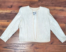 Vintage Nolan Miller 90s GLAM Cream Solid Sequin Wedding Cruise Jacket Sz 10