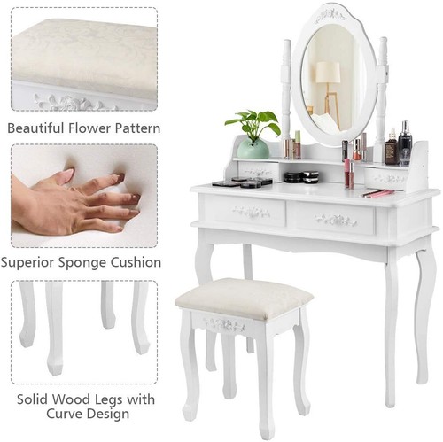 Elegant Vanity Makeup Dressing Table Set Makeup Mirror 4 Drawers Desk with Stool - Picture 4 of 10