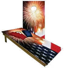 Patriotic CORNHOLE BEANBAG TOSS GAME w Bags Game Boards USA Flag Fireworks S 