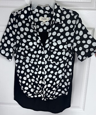 Porridge Clothing Anthropologie Black Polka Dot Tie Waist Button Shirt Sz XS