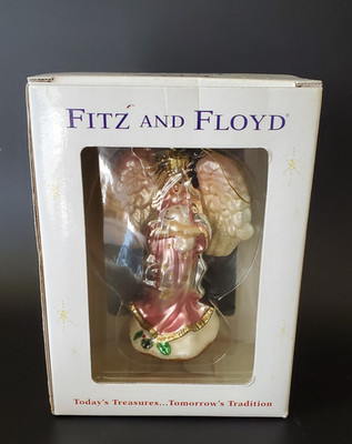 NIB Fitz & Floyd Peaceable Kingdom Glass Standing Angel Christmas Ornament Pink