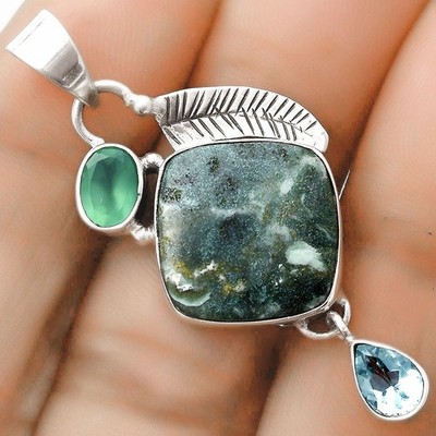 Larsonite Jasper, Sky Blue Topaz & Green Onyx 925 Silver Pendant Jewelry P-1414