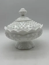 Fenton Milk Glass Hobnail Pedestal Covered Candy Dish