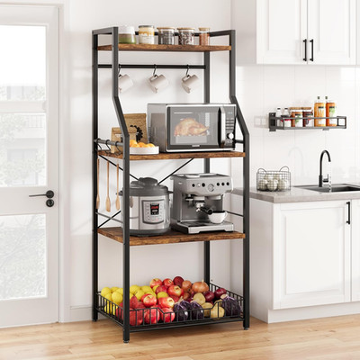 Kitchen Bakers Rack, Microwave Oven Stand with Large Wire Basket, Industrial Cof