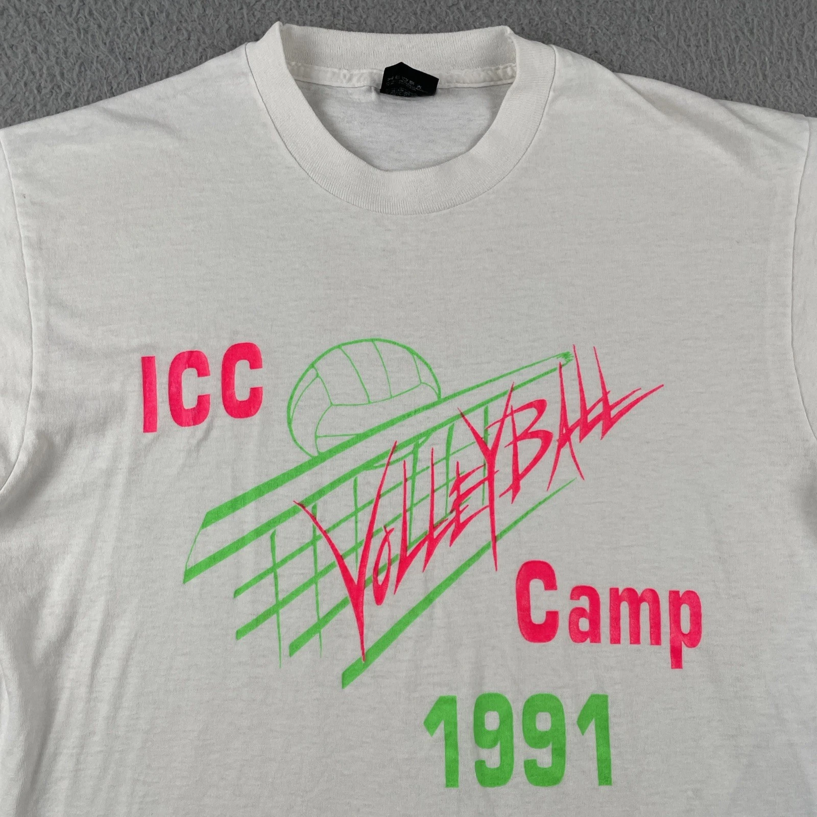Vtg Screen Stars Adult Large White Shirt Made In USA ICC Volleyball Camp 1991