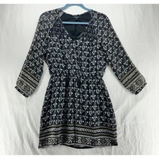 Madewell Black Floral Boho Tassel Mini Dress Long Sleeve V-Neck Size 2