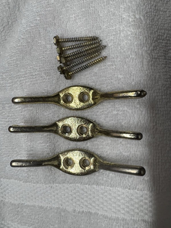 Polished Brass (?) Cleat Hooks x3 For Venetian Blinds Drapes Curtain Tie Backs