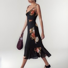 Reformation Juliette Dress Womens 12 Black Floral Tie Strap Ruffle Midi Viscose
