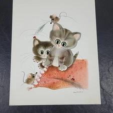 VTG Tabby Cat Kitten Art Lithograph Print 1960s MC George Buckett 9.75”x7.75