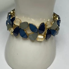 gold tone bracelet faux jewels in teals blue green costume jewelry