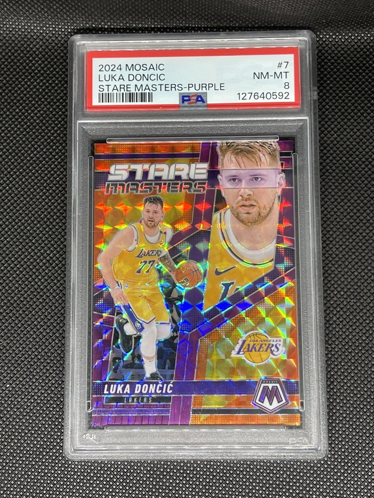 2024-25 Panini Mosaic Luka Doncic Stare Masters Purple /99 LA Lakers #7 PSA 8