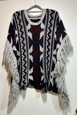 ELODIE Women's L Mohair Blend Aztec Knit Poncho Sweater Boho Fringe Pullover