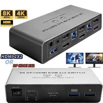 8K HDMI KVM Switch Dual Monitor USB 3.0 HDMI 2.1 KVM Switch 2X2 up to 4K 120Hz