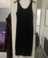 New Look Size 12 Pit To Pit 17 inch Black Ribbed Button Detail Sleeveless Dress