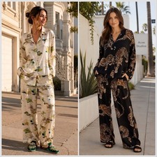 H M HM Long Sleeved Shirt Wide Cut Pants PAJAMA SET - Black CHEETAH / BEIGE