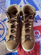 Usado en Excelente Condición Para Mujer Ugg Tostado Gamuza Zapatillas Altas Botines Con Borde Sherpa Cremallera Talla 8