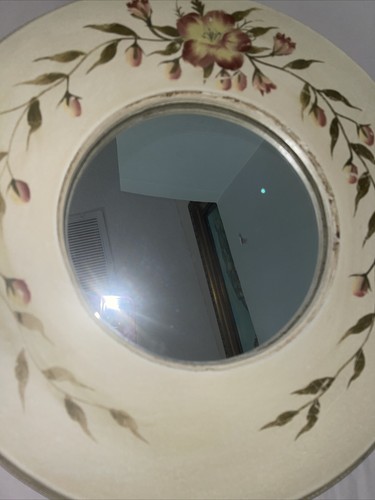 Accent Entry Wall Mirror Wood Floral Cottage Core Round Antiqued Cream Pink 15” - Picture 4 of 12