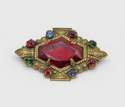 Ornate Antique Victorian Brooch Red and Multi-color Faceted Czech Glass Jewelry